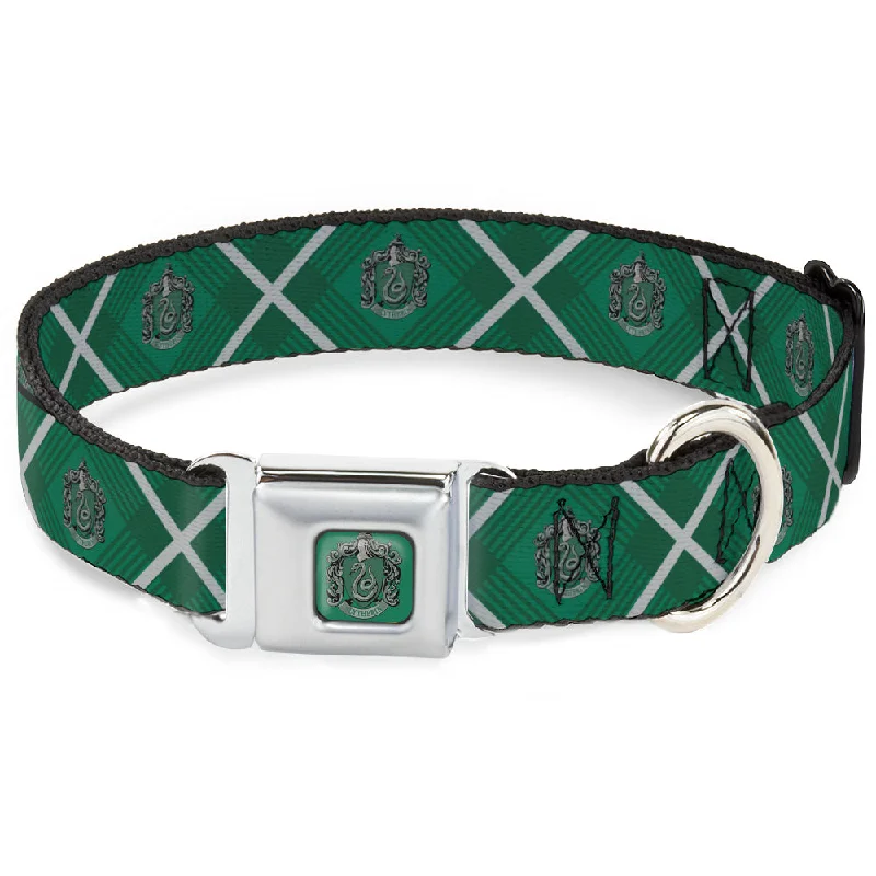 SLYTHERIN Crest Full Color Green Seatbelt Buckle Collar - Harry Potter Slytherin Crest Plaid Greens/Gray