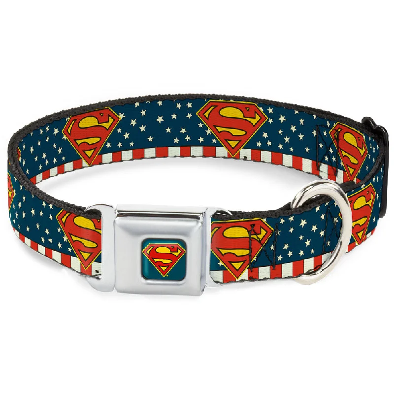 Superman Shield Full Color Americana Blue Seatbelt Buckle Collar - Superman Shield Americana Red/White/Blue/Yellow