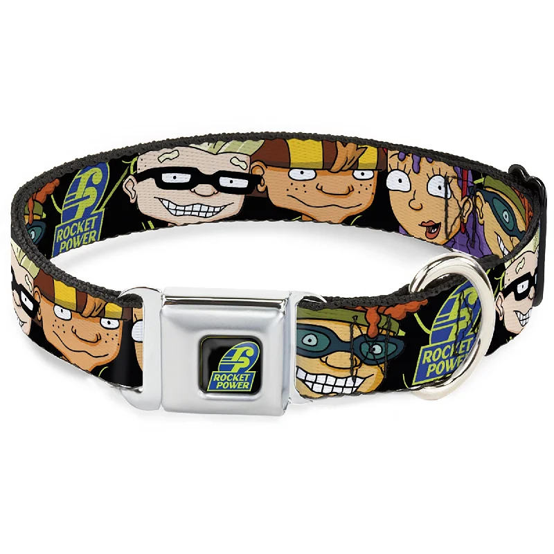 ROCKET POWER RP Logo Full Color Black/Green/Blue Seatbelt Buckle Collar - ROCKET POWER RP Logo/4-Character Faces CLOSE-UP Black/Green/Blue