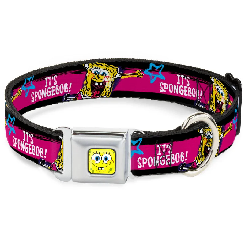 SpongeBob Face CLOSE-UP Full Color Seatbelt Buckle Collar - SpongeBob Pose IT'S SPONGEBOB! Stripe Black/Pink/Blue/White