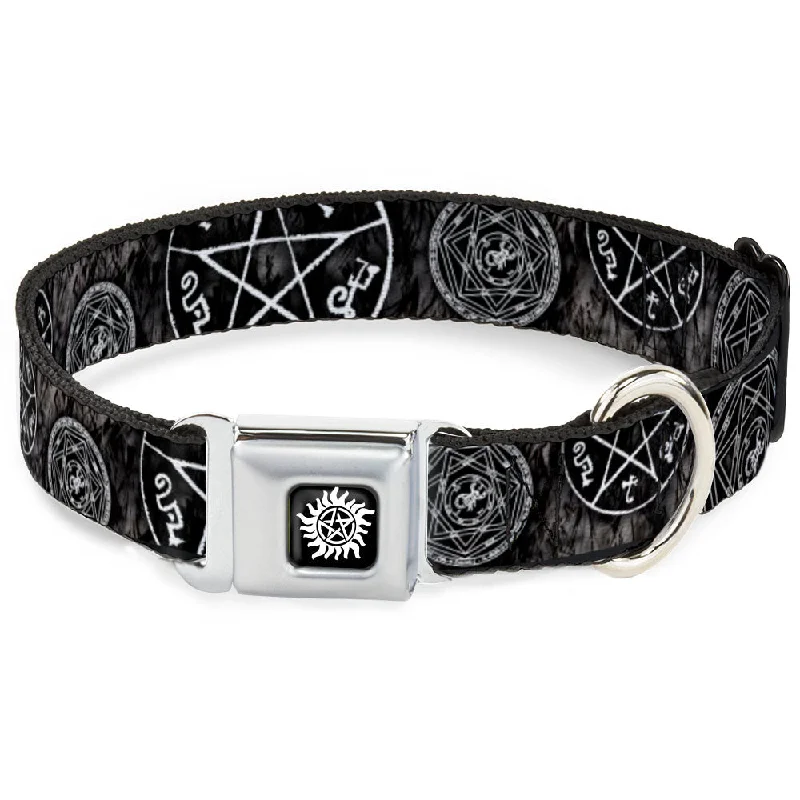 Winchester Logo Full Color Black/White Seatbelt Buckle Collar - Supernatural Devil's Trap Pentagrams Grays/Black/White