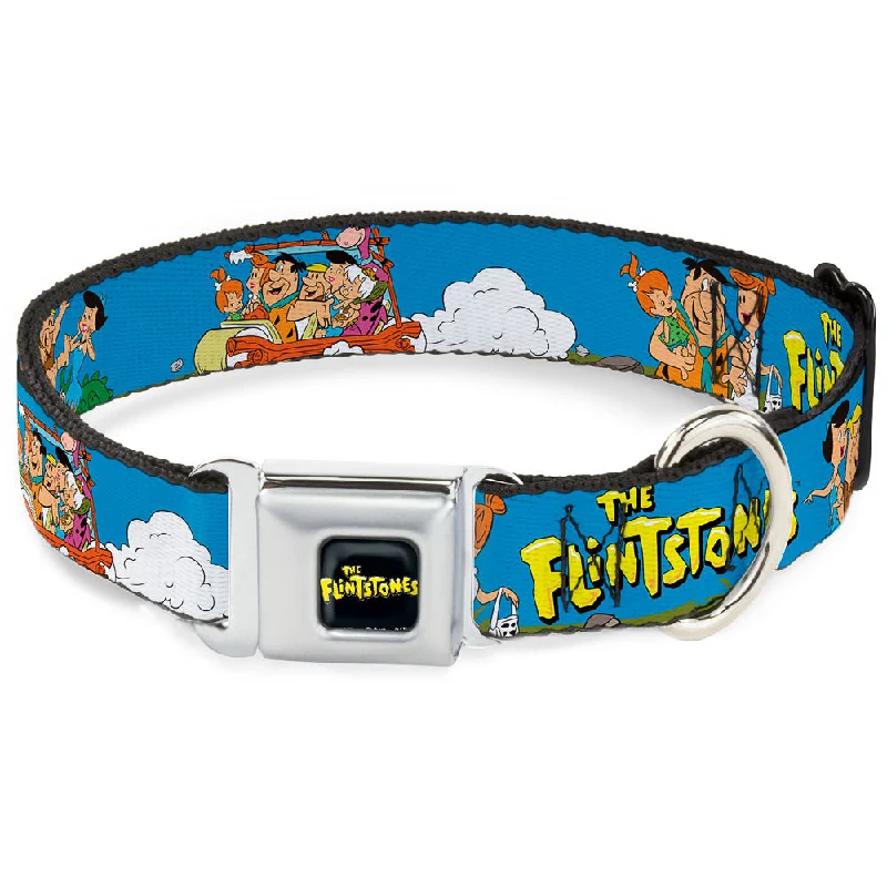 THE FLINTSTONES Logo Full Color Black Yellow Seatbelt Buckle Collar - The Flintstones and Rubbles Group Pose/Logo Blue