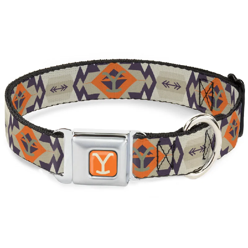 Yellowstone Y Logo Weathered Full Color Orange/Beige Seatbelt Buckle Collar - Yellowstone Y Logo Native American Tribal Tans/Blue/Orange