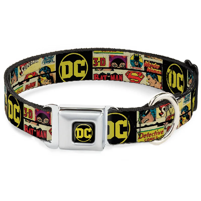 Vintage DC Comics Logo Full Color Black/Yellow Seatbelt Buckle Collar - Vintage DC Comics Superhero and Logos Collage Black