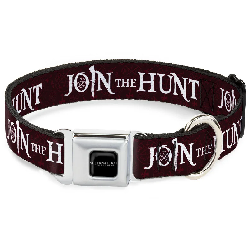 SUPERNATURAL-JOIN THE HUNT Full Color Black/White Seatbelt Buckle Collar - Supernatural JOIN THE HUNT/Symbols Scattered Reds/White