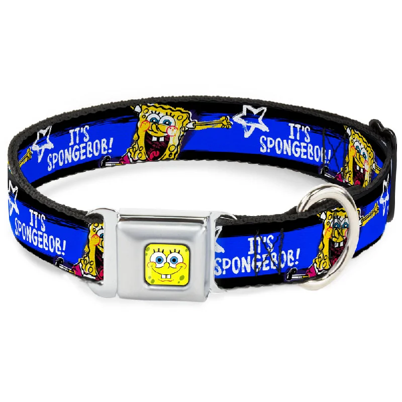 SpongeBob Face CLOSE-UP Full Color Seatbelt Buckle Collar - SpongeBob Pose IT'S SPONGEBOB! Stripe Black/Blue/White