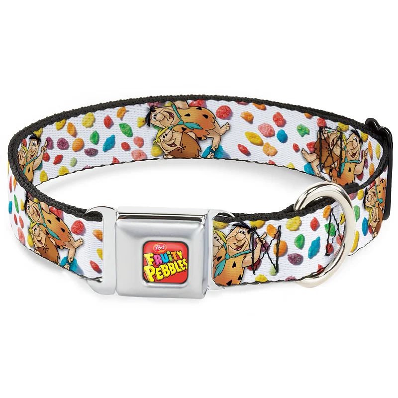 POST FRUITY PEBBLES Logo Full Color Red/Multi Color Seatbelt Buckle Collar - Fruity Pebbles Fred Flintstone and Barney Rubble Hugging Pose and Cereal Pebbles Scattered White/Multi Color