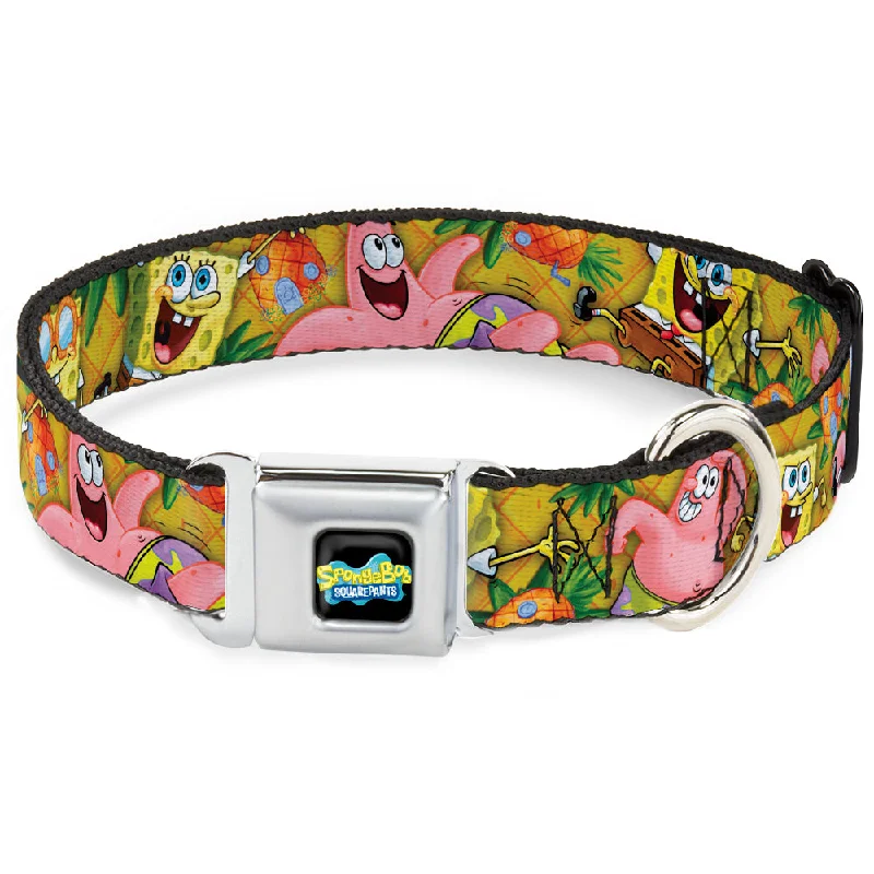 SpongeBob SquarePants Logo Full Color Black Seatbelt Buckle Collar - SpongeBob & Patrick Starfish Poses Pineapple Gold