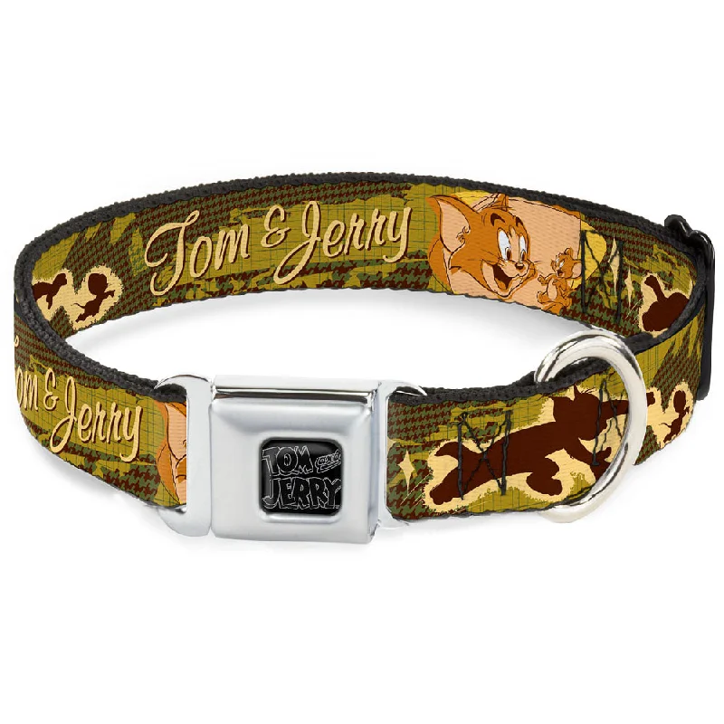 Tom and Jerry Logo Full Color Black Red Seatbelt Buckle Collar - TOM & JERRY Tom Chasing Jerry Houndstooth Browns