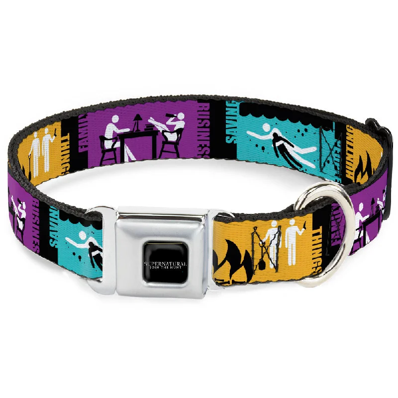 SUPERNATURAL-JOIN THE HUNT Full Color Black/White Seatbelt Buckle Collar - Supernatural SAVING PEOPLE-HUNTING THINGS-FAMILY BUSINESS Blocks Black/Teal/Gold/Purple/White