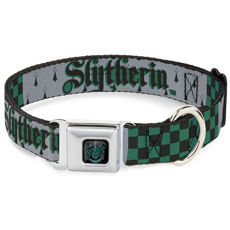 Slytherin Crest Full Color Seatbelt Buckle Collar - Harry Potter SLYTHERIN/Checker Blocks Grays/Greens