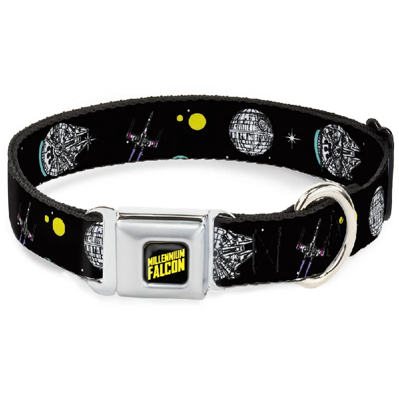 Star Wars MILLINNIUM FALCON Text Full Color Black/Yellow Seatbelt Buckle Collar - Star Wars Death Star Millennium Falcon and X-Wing Fighter in Space Black