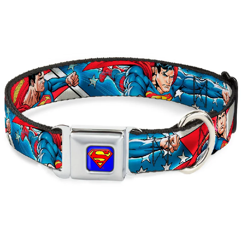 Superman Full Color Blue Seatbelt Buckle Collar - Superman Action Poses/Stars & Stripes