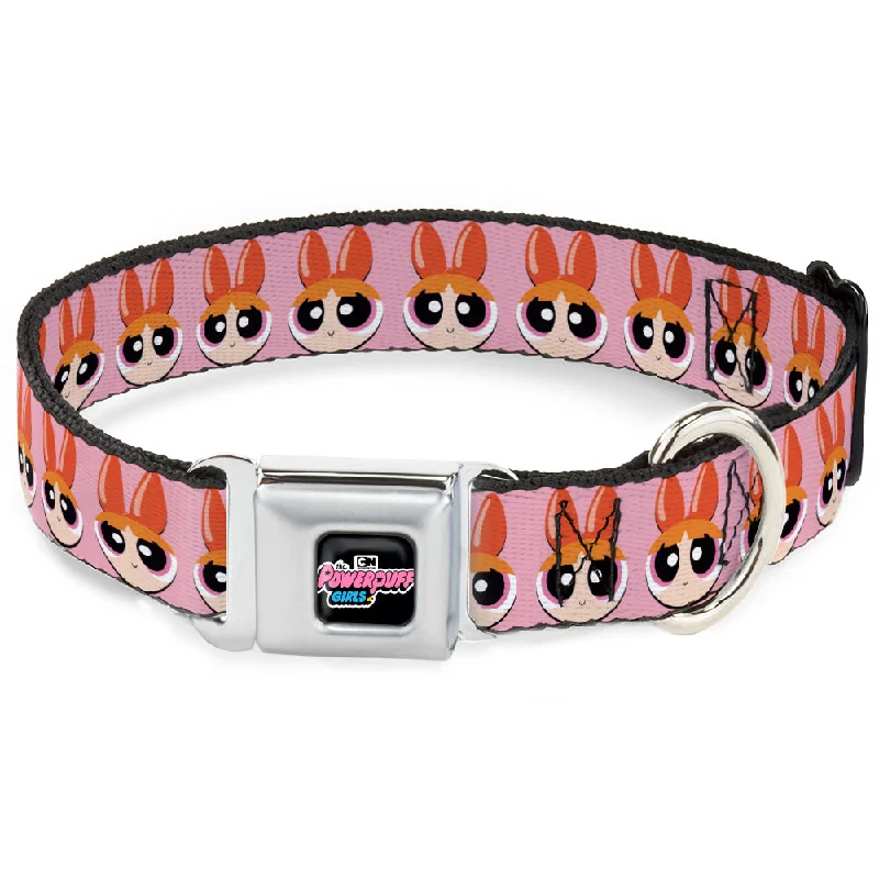 THE POWERPUFF GIRLS Animated Series Title Logo Full Color Black Seatbelt Buckle Collar - The Powerpuff Girls Blossom Face Close-Up Pink