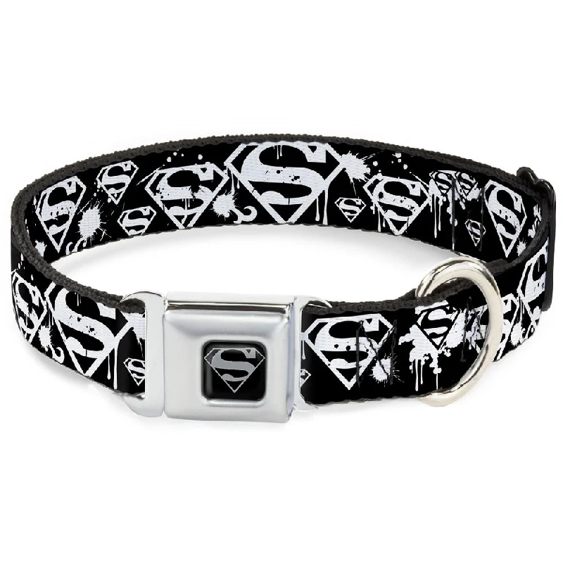 Superman Black Silver Seatbelt Buckle Collar - Superman Shield Splatter Black/White