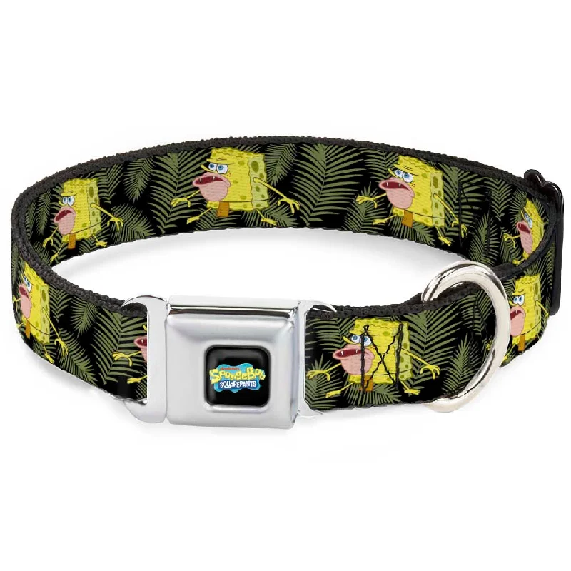 SpongeBob SquarePants Logo2 Full Color Black Seatbelt Buckle Collar - Primitive Sponge Pose/Leaves Black/Green