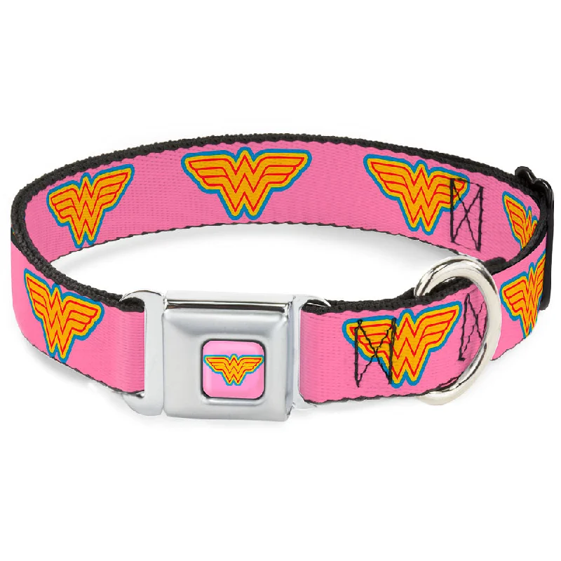 Wonder Woman Logo Pink/Blue/Yellow/Pink Seatbelt Buckle Collar - Wonder Woman Logo Pink/Blue/Yellow/Pink