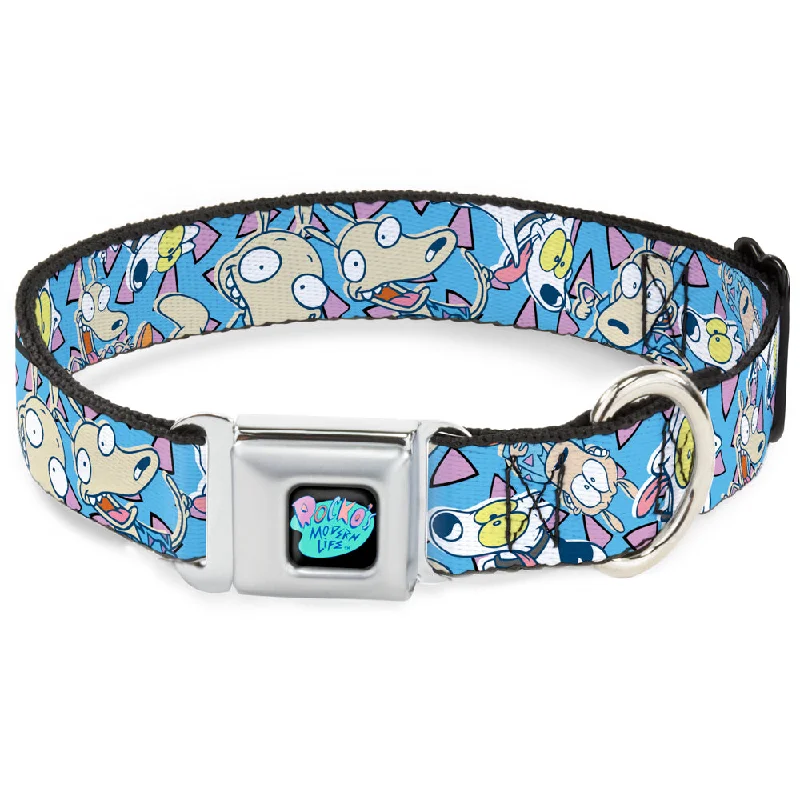 ROCKO'S MODERN LIFE Logo Full Color Black/Blues Seatbelt Buckle Collar - Rocko & Spunky Scattered Expressions/Triangles Blue/Lavender