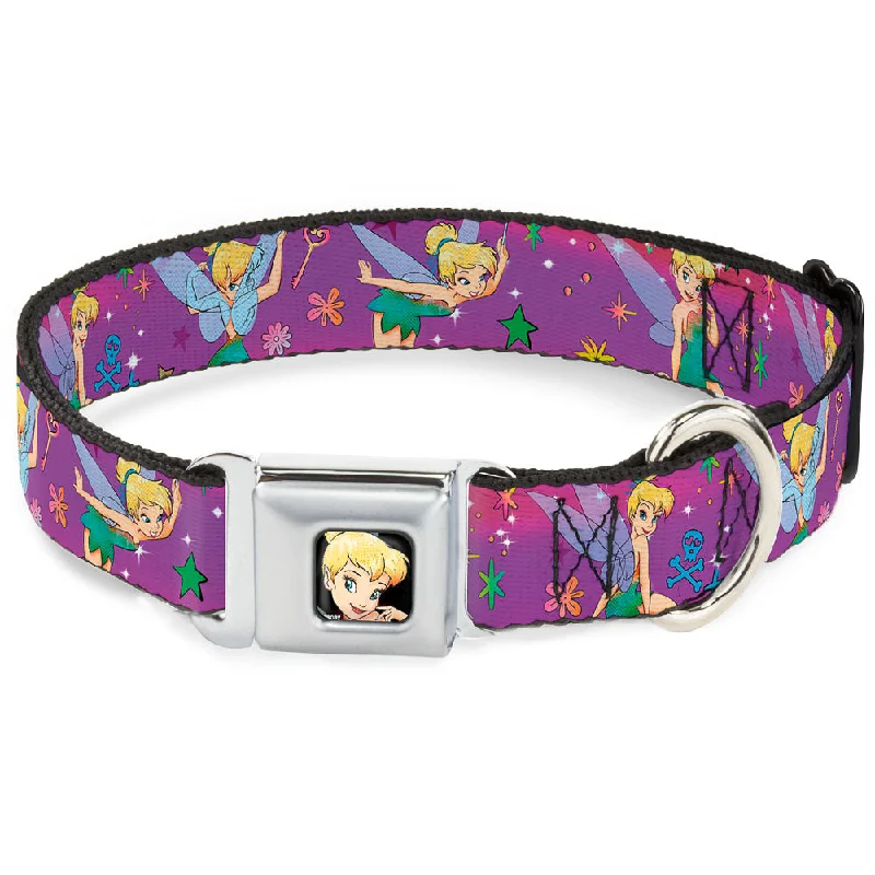 Tinker Bell CLOSE-UP Full Color Seatbelt Buckle Collar - Tinker Bell Poses/Flowers/Stars/Skull Purple