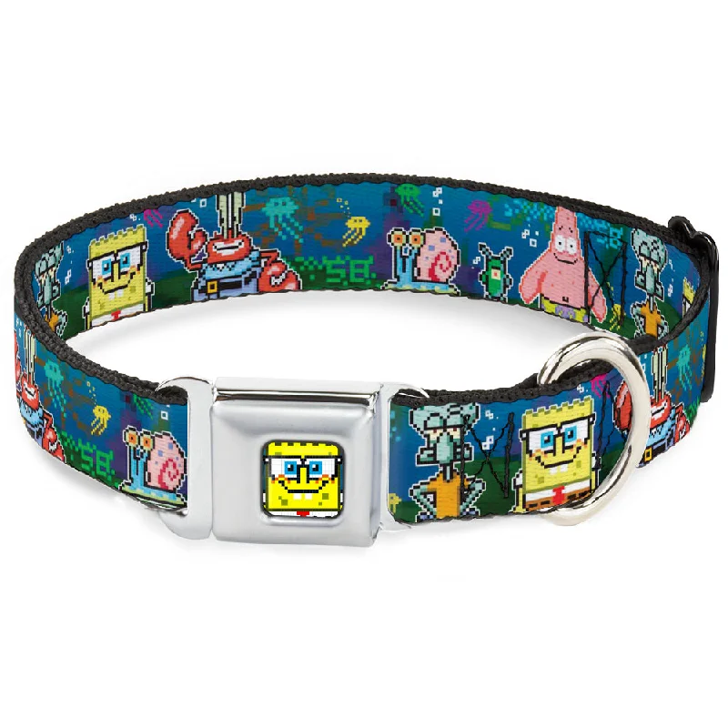 Pixelated SpongeBob Nerd Pose Full Color Blue Seatbelt Buckle Collar - SpongeBob & Friends 8-Bit Scene