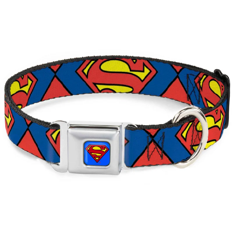 Superman Blue Seatbelt Buckle Collar - Superman Shield CLOSE-UP Blue/Red/Yellow