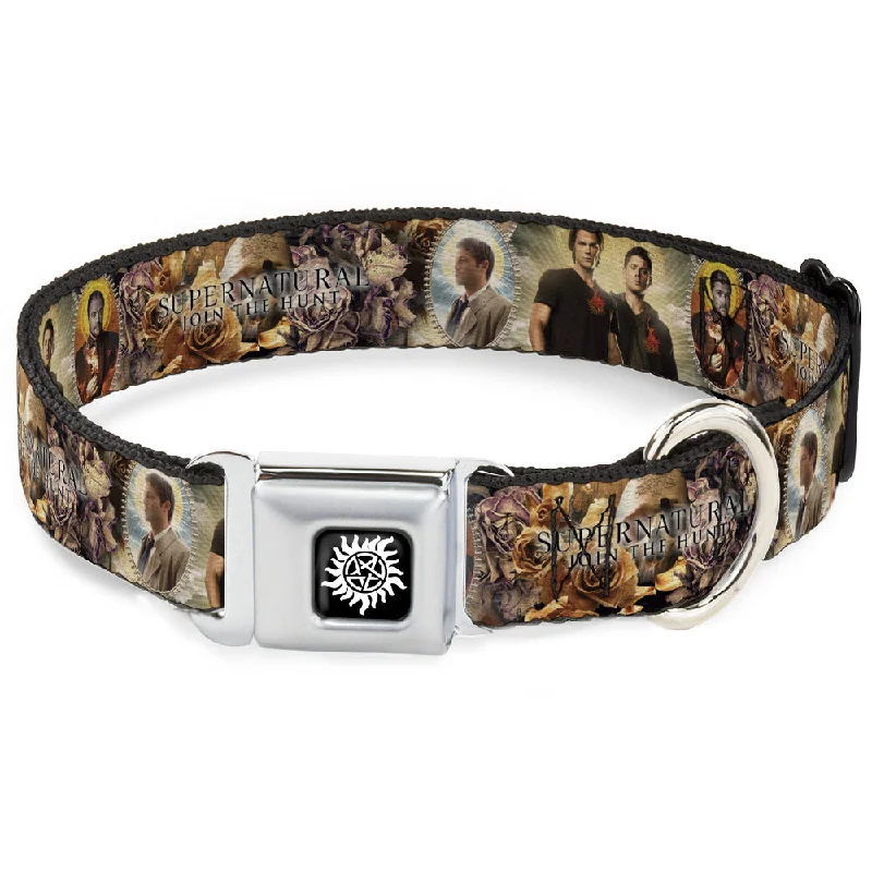 Winchester Logo Full Color Black/White Seatbelt Buckle Collar - SUPERNATURAL 4-Character Saintly Icons/Skull & Roses