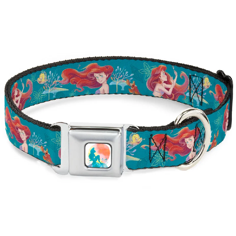 The Little Mermaid Ariel Silhouette Pose Full Color White/Multi Color Seatbelt Buckle Collar - The Little Mermaid Flounder and Sebastian Under the Sea Greens