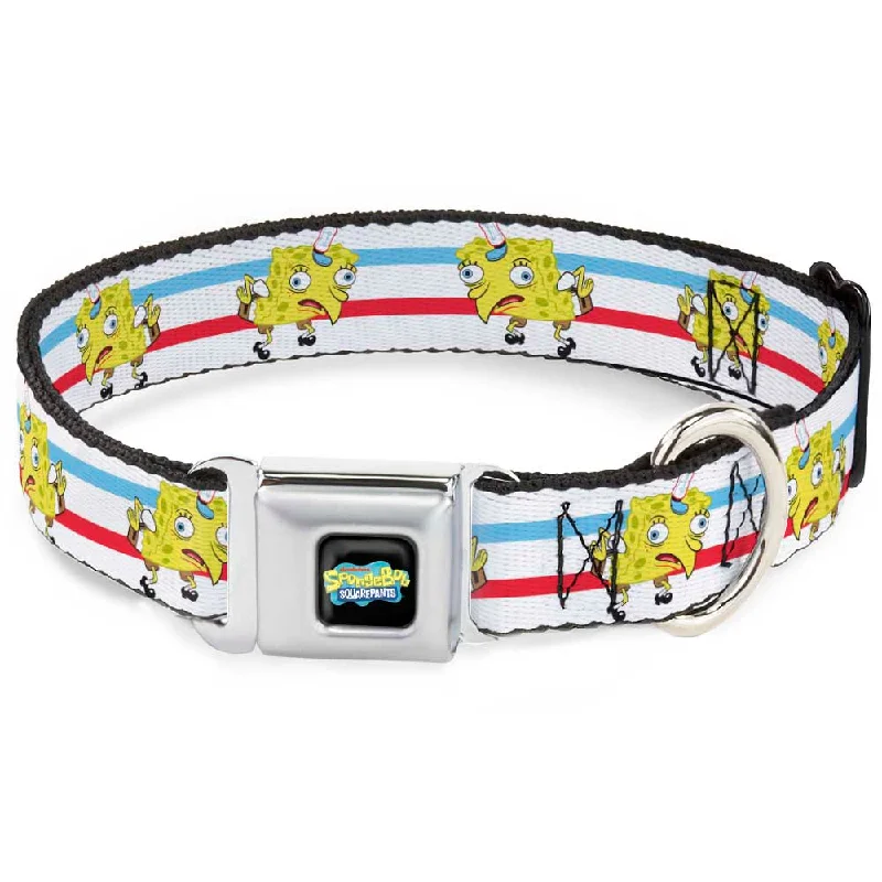 SpongeBob SquarePants Logo2 Full Color Black Seatbelt Buckle Collar - Mocking SpongeBob Pose Stripe White/Blue/Red