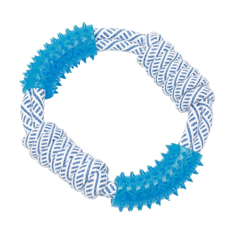 Blue and white rope ring tooth cleaning rubber ball