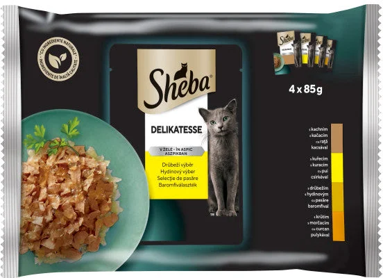 SHEBA Delikatesse în jeleu plicuri pt pisici, Raţă, Pui, Pasăre şi Curcan 4x85 g