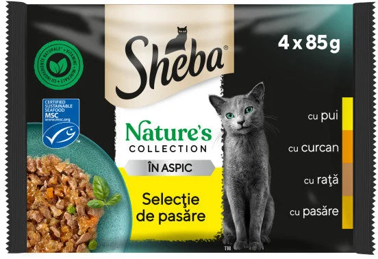 SHEBA Nature's Selectie de Pasăre cu Pui, Curcan, Raţă şi Pasăre, în aspic 4*85g