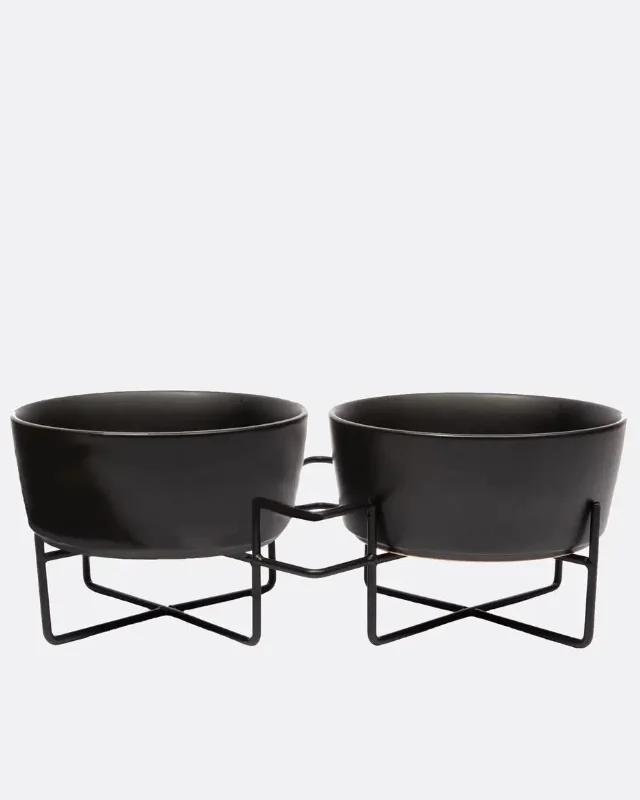 Simple Solid Double Feeder Bowl + Bowl Stand in Black