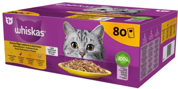 WHISKAS Mix plicuri pisici Adulte, cu Pui/Raţă/Pasăre/Curcan în aspic 80x85g