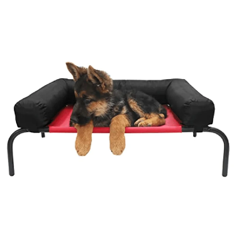 Hiputee Canvas Elevated Bed with Detachable Bolster Cushion for Dogs and Cats (Red/Black)