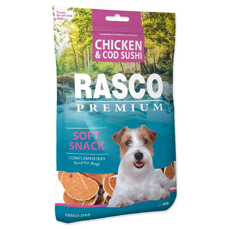 RASCO Premium Dog, sushi piletina s bakalarom, sočna poslastica, 80g